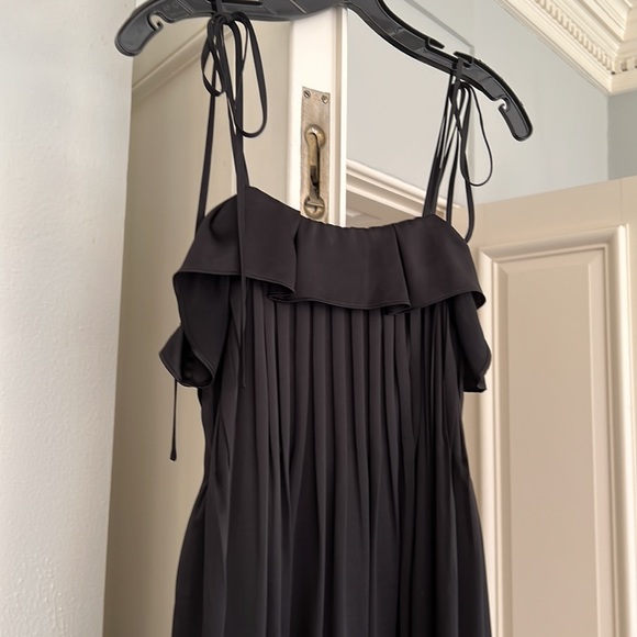 Long flowing silky thin strap black dress with faux ties at shoulders. - Picture 2 of 6